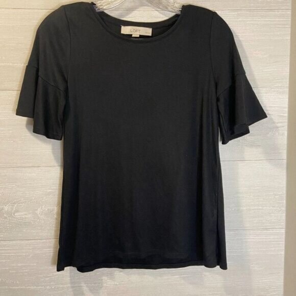 LOFT Women's Flutter Sleeve Top Flounce Crew Tee In Black‎ - Picture 3 of 5